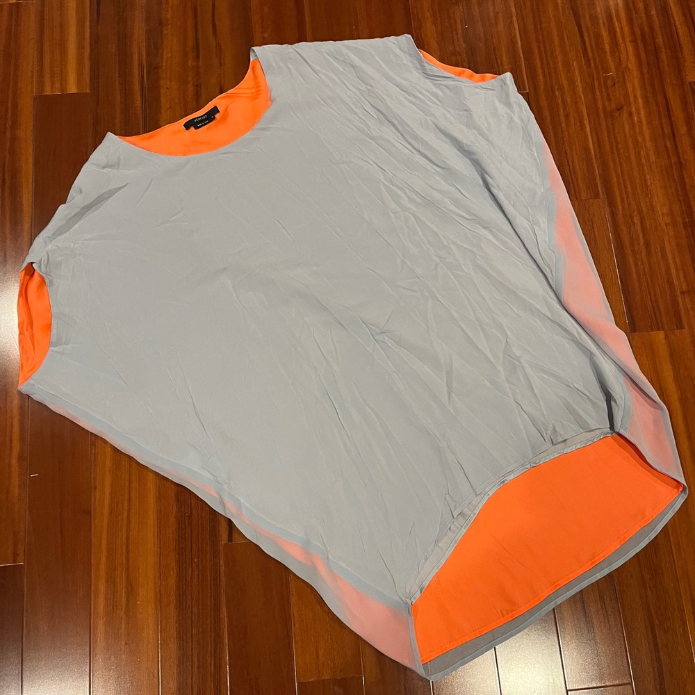 VERTIGO Gray Orange Top Sleeveless Blouse Asymmetrical Drape Oversize Flow Small